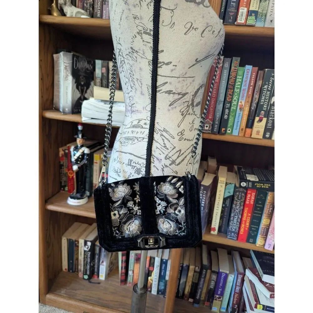 Rebecca Minkoff Women's Black Velvet Silver Hardware Crossbody Purse Bag